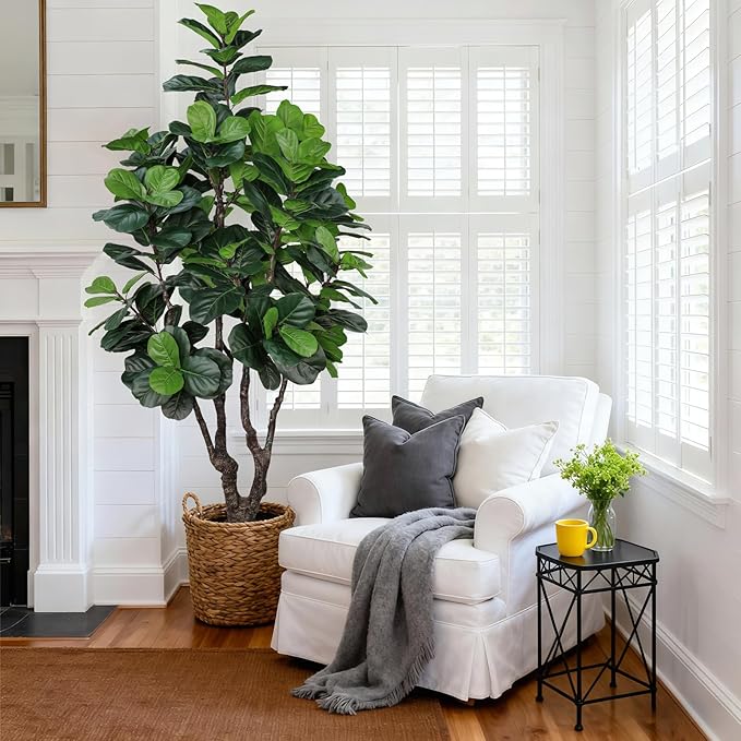 7FT Artificial Fiddle Leaf Fig Tree for Home Decor, Realistic Faux Plants Indoor Ficus Lyrata Trees in Pot, Fake Floor Plant for Living Room Office Christmas Housewarming Gift