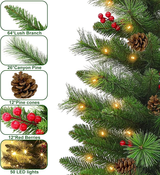 3 Ft Small Christmas Tree Remote Control Artificial Tabletop Christmas Tree 50 Warm White&Colored Lights Battery Operated 12 Modes Timer Pinecones Red Berries Burlap Base Xmas Christmas Decorations