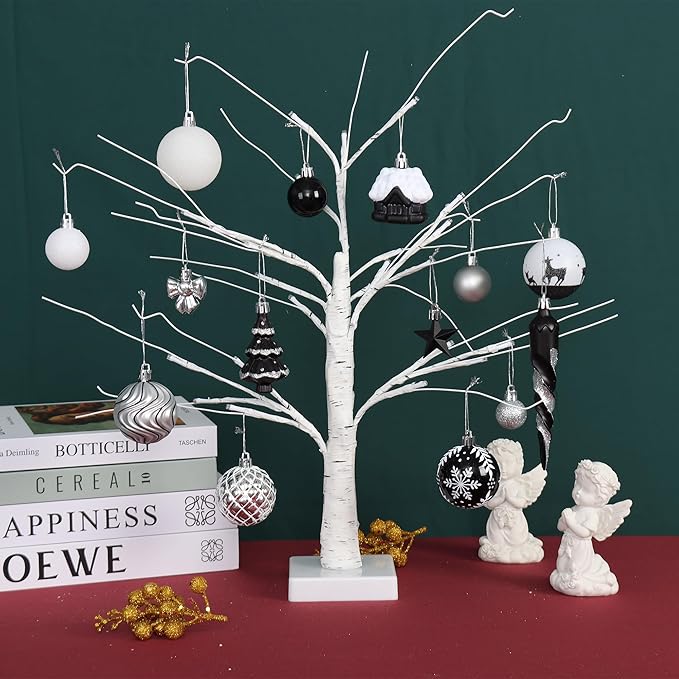 124Ct Black White and Silver Christmas Ornaments Set, Elegant Shatterproof Assorted Christmas Decorations for Xmas Tree Snowflake Icicle House Ball Ornaments Baubles for Holiday (Black White Silver)