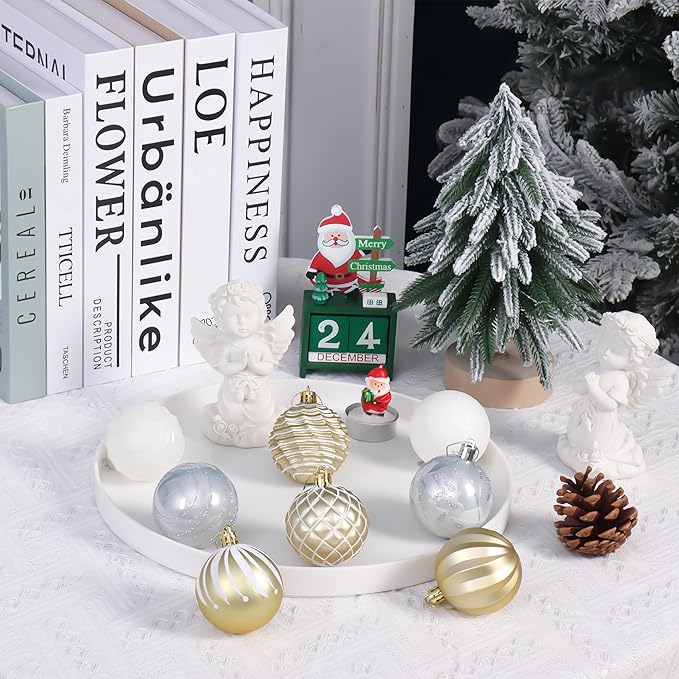 100PCS White and Gold Christmas Ornaments Set, Shatterproof Christmas Ball Ornaments Bulk, Assorted Decorations Baubles Hanging Ornaments for Christmas Trees Holiday Party Decor (White & Gold)