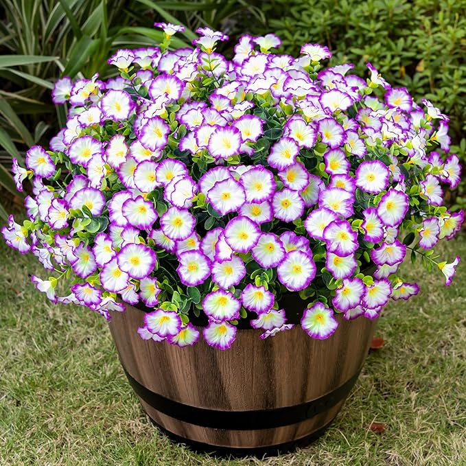 Artificial Faux Flowers for Outdoor 16 Bundles Boxwood Fake Morning Glory for Planter,UV Resistant Fake Flowers for Home Porch Patio Outside（Purple/White）