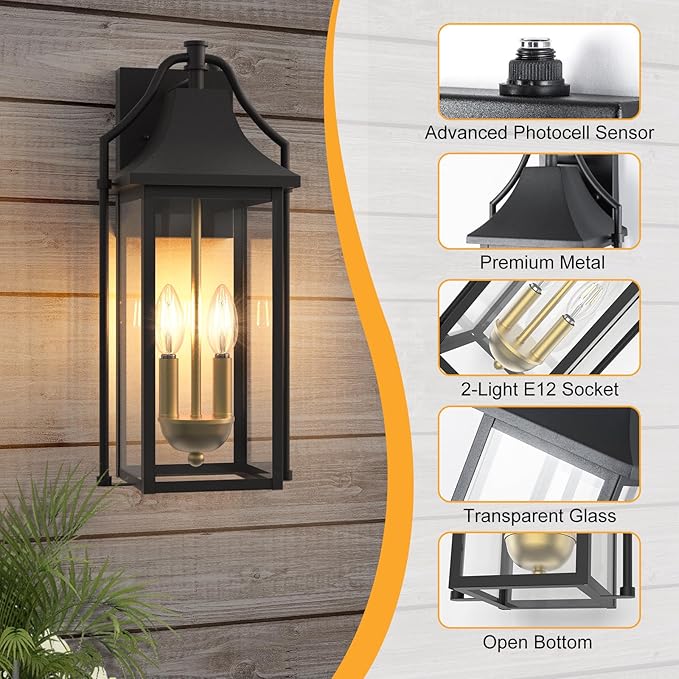 𝟏𝟖𝑰𝑵 Outdoor Wall Sconce Fixture, Dusk to Dawn Patio Lights Waterproof Exterior Lanterns, 2-Light Modern Wall Lights Mounted with Glass, Black Outside Light for House Front Door Decor