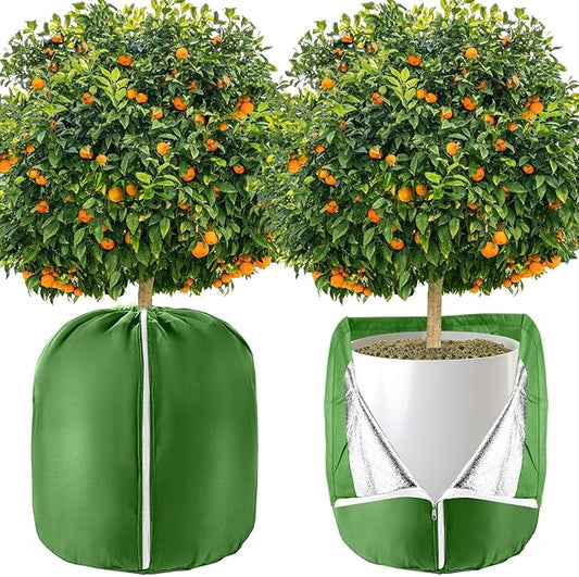 2 Pcs Large Plant Pot Covers for Winter Potted Plant Freeze Protection Cover Frost Jacket with Zipper Drawstring to Keep Outdoor Plants Flowers Shrubs Trees Warm (25.6" D x 19.7" H - Green)