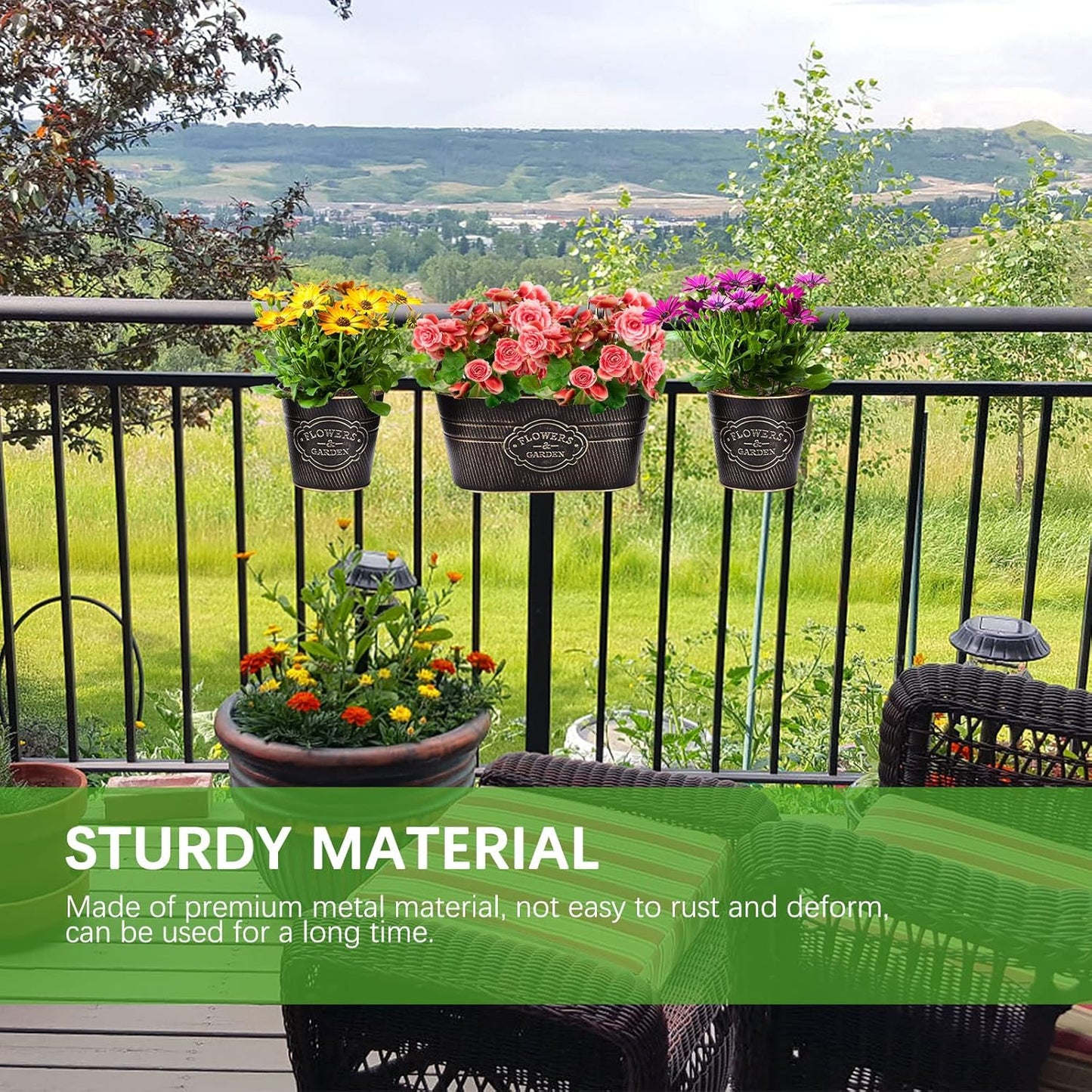 PerGar Vintage Metal Iron Wall Hanging Flower Pots, Rustic Planter Bucket Herb Flower Plant Holder with Detachable Hooks & Drainage Hole for Railing Fence Balcony Deck Garden Home Decoration, Set of 3