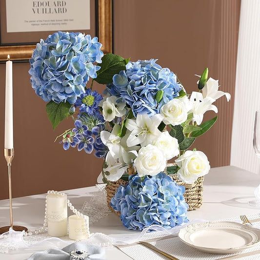 Nubry 22.44In Blue Hydrangea Artificial Flowers, 3Pcs Latex Faux Real Touch Large Hydrangea Flowers with Long Stems & Leaves for Home Office Decor Wedding Party Arrangements(Blue)