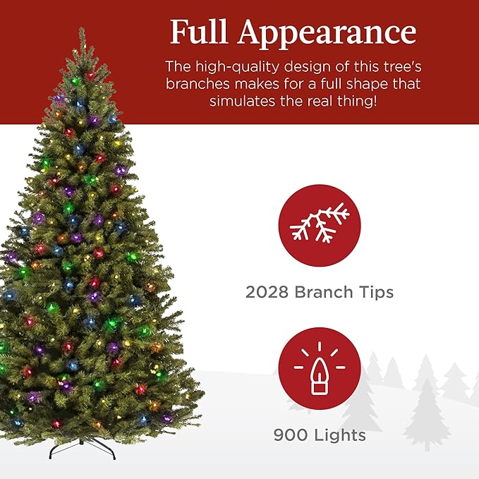 Best Choice Products Prelit Artificial Christmas Tree, 9ft Premium Lighted Realistic Spruce Holiday Décor w/Multicolor LED Lights, Easy Assembly