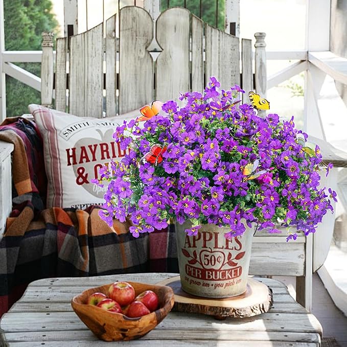 20 Bundles Artificial Flowers for Outdoors‌ with 6 Faux Butterflies, UV Resistant Fake Flowers‌ with Eucalyptus Leaves, Artificial Plants Outdoor‌ for Patio Garden Porch Home Decor (Purple)
