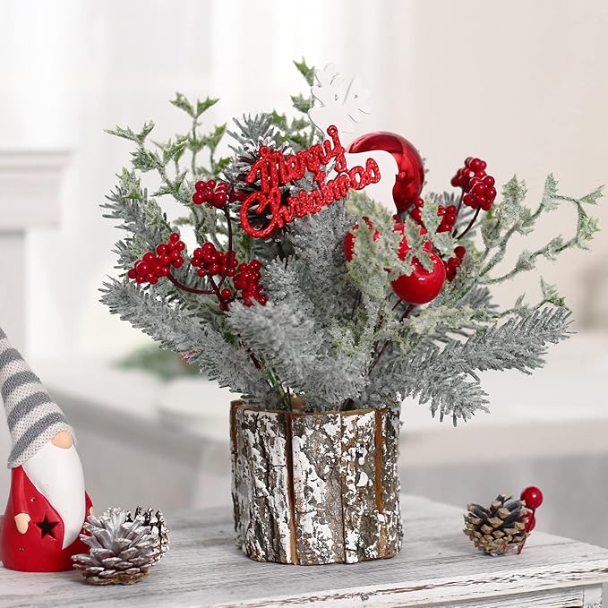 Super Holiday Small Winter Christmas Tree, Artificial Mini Tabletop Christmas Tree Decorations with Christmas Ornaments, for Home Party Thankgivings Christmas Decor, Red-Indoor.