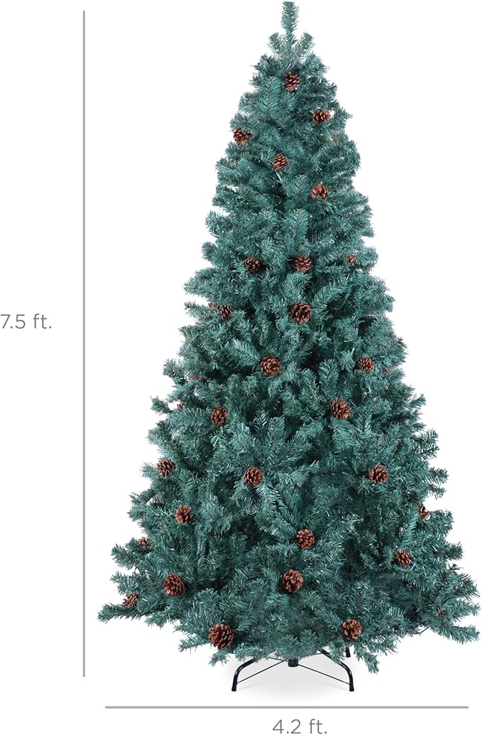 Best Choice Products 7.5ft Pre-Decorated Holiday Christmas Tree for Home, Office, Party Decoration w/1,348 Tips, Pinecones, Metal Base – Blue Spruce