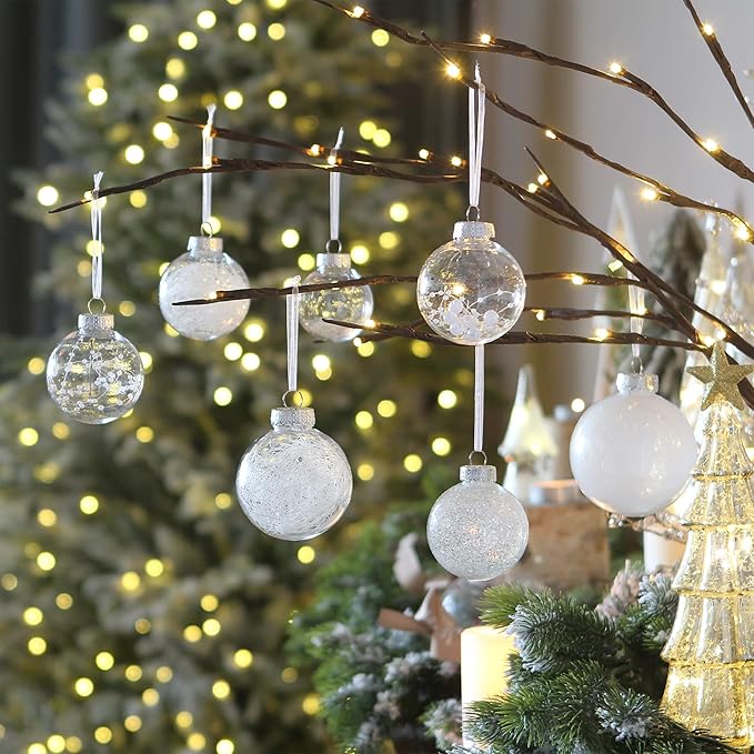 Sea Team Multi-Size Shatterproof Clear Plastic Christmas Tree Ball Ornaments Set, Decorative Hanging Transparent Xmas Baubles with Stuffed Delicate Decorations (48 Counts, White)
