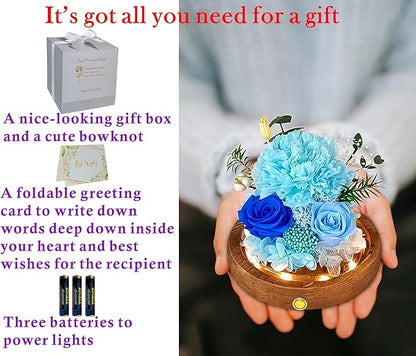 Valley of Rain & Forest Long-Lasting Real Flowers, Unique Floral Gift for You to Send Love for All Occasions, for Indoor Decoration (Light Blue Carnation, Blue Rose, Light Blue Rose)