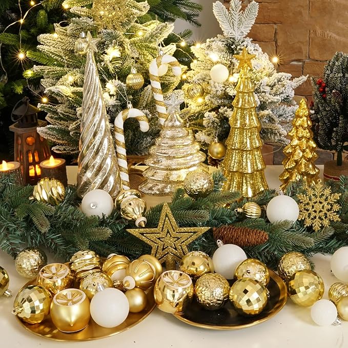 XmasExp 99-Pack Christmas Ball Ornaments Assorted Shatterproof Christmas Tree Decorations with Hand-held Gift Package for Xmas Tree,Home,Party(Gold)