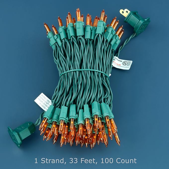 YULETIME 100 Count Orange Christmas Lights, 33 Feet Green Wire UL Certified Incandescent-Like LED Mini String Lights