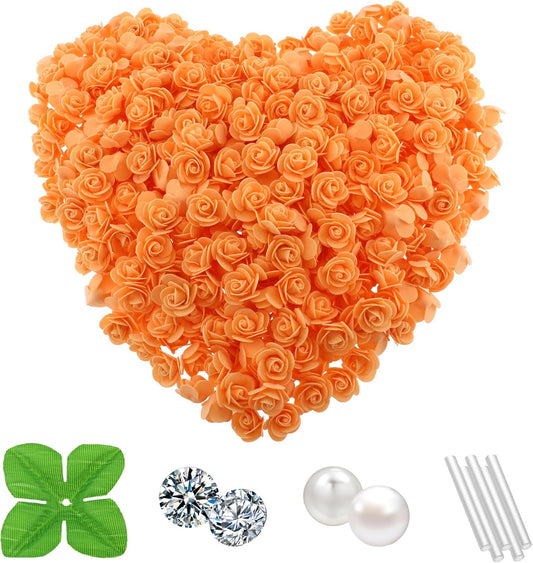 500 Pcs 1.4 Inch Mini Artificial Flowers Head Bulk 5 in 1 Set Faux Foam Fake Small Rose Tiny Baby Flores Bouquet Cake Gift Home Decoration DIY Craft (Orange)