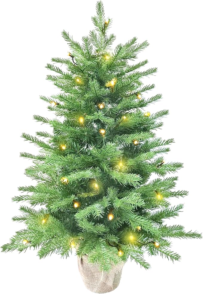 3ft Pre-Lit Mini Fir Christmas Tree,Artificial Pine Xmas Tree,106 PE Branches Tips & 84 PVC Branches Tips & UL Certification LED Lights & Burlap Wrapped Base for Tabletop Desk,Battery Operated