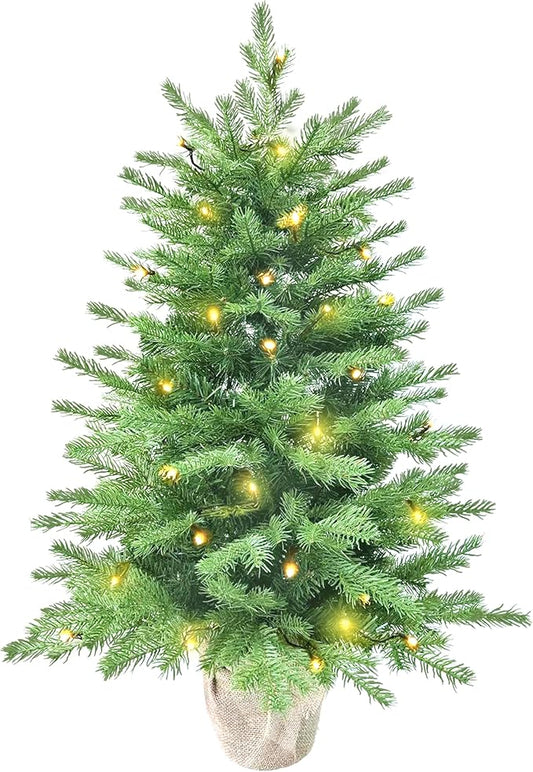 3ft Pre-Lit Mini Fir Christmas Tree,Artificial Pine Xmas Tree,106 PE Branches Tips & 84 PVC Branches Tips & UL Certification LED Lights & Burlap Wrapped Base for Tabletop Desk,Battery Operated
