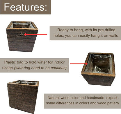 LaLaGreen Wood Planter Boxes for Indoor Plants (4x4 Inch, 6 Pack) Small Square Wall Mounted Planters Flower Pot, Herb Wooden Box Hanging Plant Holder Outdoor Balcony Vertical Garden Modern Home Decor