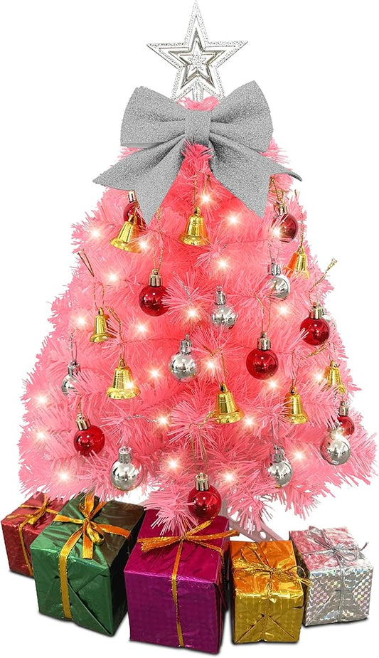Small Pink Christmas Tree with Lights - 23 Inch Mini Tabletop Christmas Tree with Warm-White LED Lights, Hanging Ornaments, Decorative Bow and Gift Boxes - Table Tree for DIY Christmas Decoration