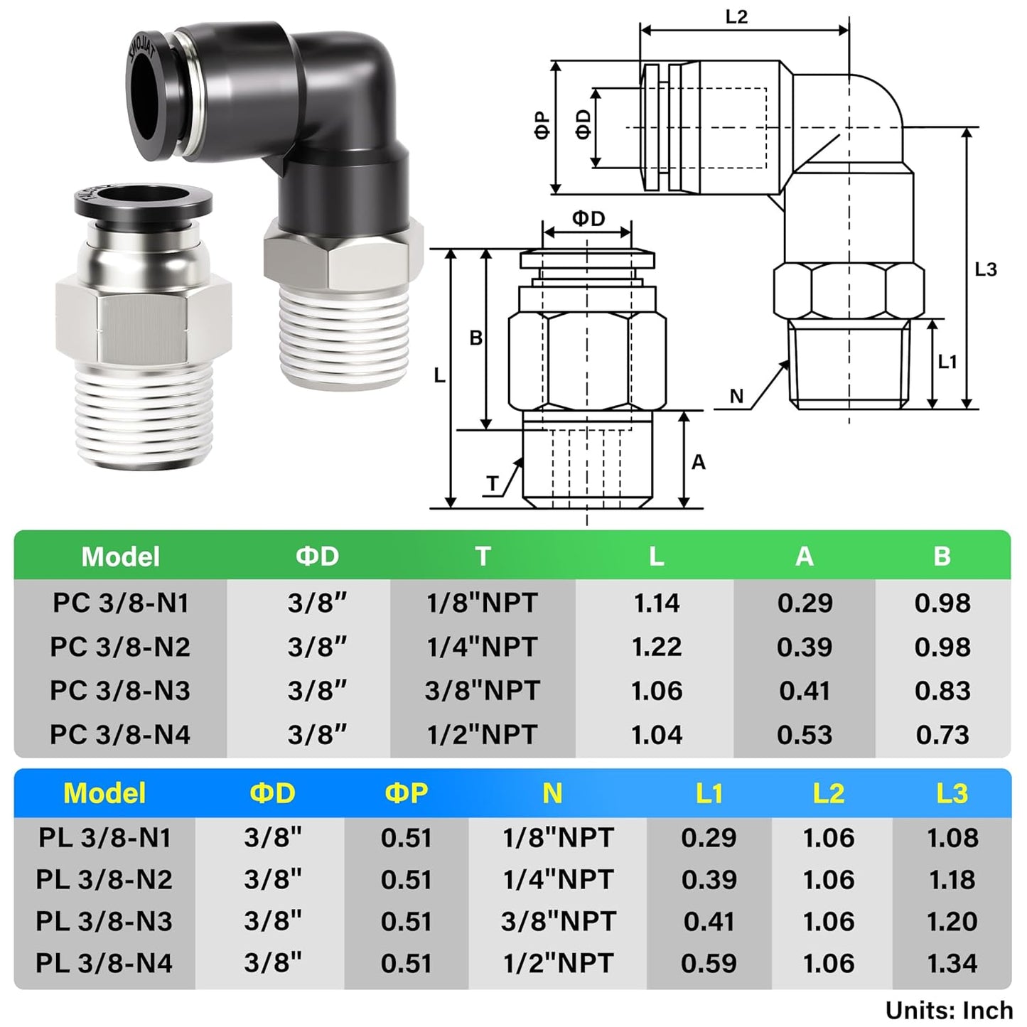 TAILONZ PNEUMATIC Elbow and Straight Combination 3/8 Inch Tube OD x 1/4 Inch NPT Thread Push to Connect Fittings PC-3/8-N2+PL-3/8-N2(Pack of 4)