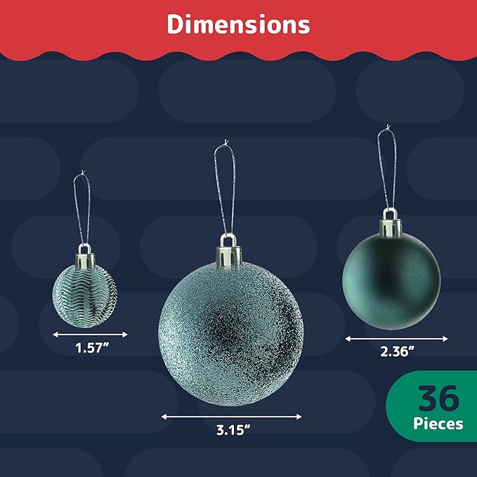 Prextex 36-Pieces Christmas Ornaments Set - Shatterproof, Festive Olive Green Christmas Tree Balls Decorations in 3 Sizes and 6 Styles with Hanging Loops for Tree, Wreath, Dazzling Holiday Party Decor