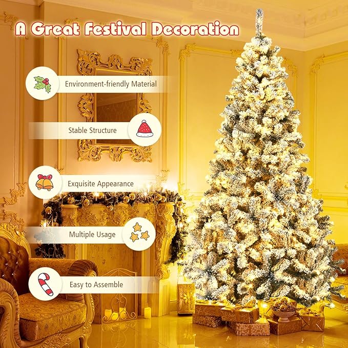 COSTWAY 9 FT Pre-Lit Christmas Tree, Snow Flocked Hinged Xmas Tree with 1498 Branches Tips & 550 LED Lights, Metal Stand, Artificial Pine Lighted Holiday Tree for Home Office Decorations