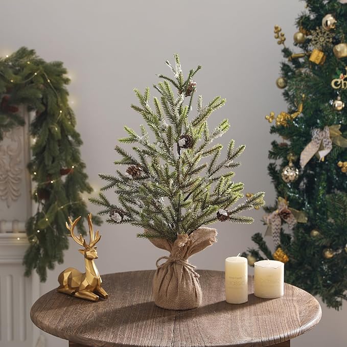 22Inch Artificial Christmas Tree – Mini Tabletop Xmas Tree, Realistic Pine Needles, Pinecones & Burlap Base – Small Festive Decoration for Home, Office or Entryway