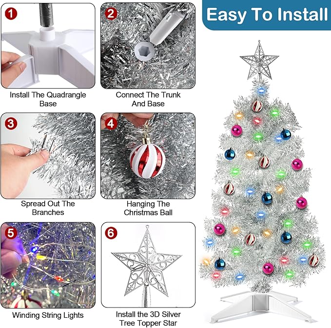 [Remote Control & 12 Modes] SURCVIO 3 Ft Christmas Tree with Timer 50 Four Color LED Lights DIY 15 Ball Ornaments Star Artificial Xmas Tree Indoor Outdoor Home Holiday Decorations (Silver)