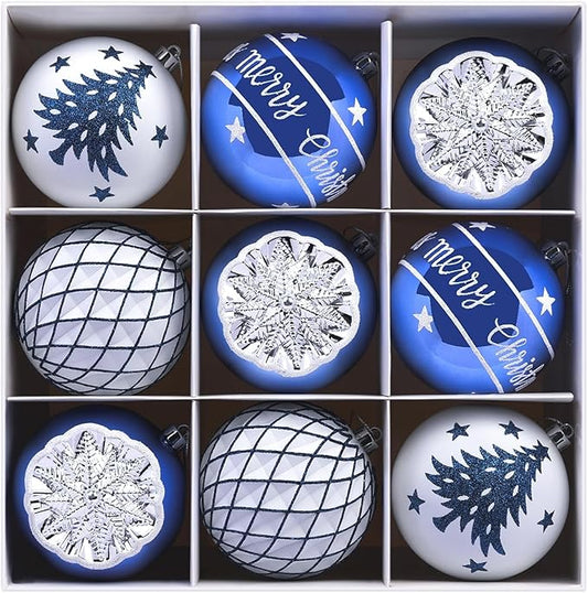 SHareconn 100MM/4 Inch 9PCS Large Christmas Balls Ornaments, Shatterproof Plastic Hanging Big Baubles Set for Xmas Tree Decoration Holiday Party Wedding Decorations with Hook, Blue and White
