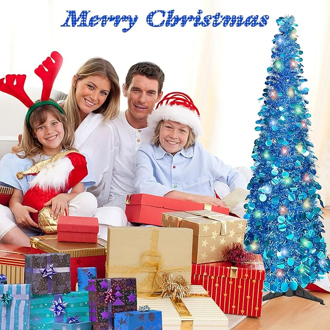 5 FT Pencil Christmas Tree, Collapsible Artificial Sequin Pop Up Christmas Tree, Skinny Pencil Tinsel Christmas Trees, Xmas Tree for Home Apartment Basement Fireplace (Pure Blue)