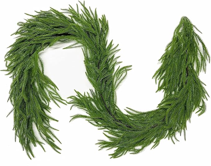 Christmas Garland 6FT Norfolk Pine, Real Touch Artificial Pine Garland for Christmas Decorations, Faux Greenery for Indoor and Outdoor Christmas Decorations