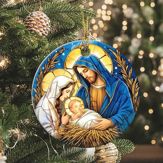 Nativity Night Ornaments Round Ceramic Stained Glass Style Birth of Jesus Christ Ornament Christmas Keepsake Decor for Christmas Tree Winter for Women Men Xmas Hanging Ornament 3"
