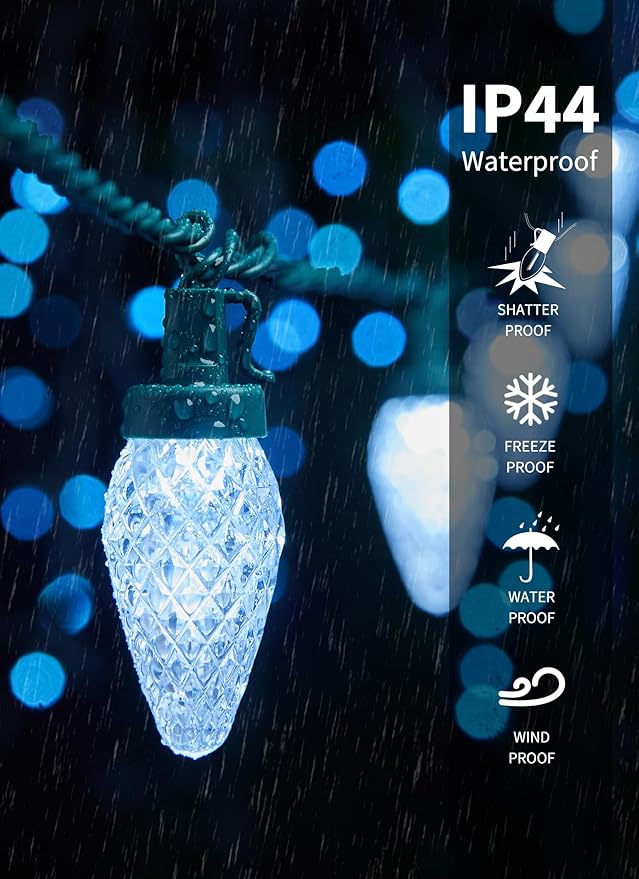 C9 LED Christmas Lights Outdoor, 81 Feet 100 LED String Lights With Timer & 8 Lighting Mode, Waterproof Commercial Grade Extendable for Indoor Outside Roofline Patio Home Xmas Decoration, Pure White