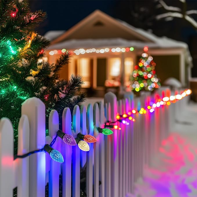 50Ft C9 Multicolor Christmas Lights Outdoor - 50 Colored LED Bulbs, Vintage String for Holiday, Xmas, Roofline, Wedding, Tree Decoration - Green Wire