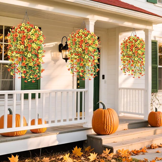 6 Bundles Artificial Fall Flowers for Outdoors Fake Plants Garden Home Fall Decor,UV Resistant Realistic Silk Faux Autumn Flower Indoor Outside Front Porch Patio Balcony Yard Farmhouse(Orange)