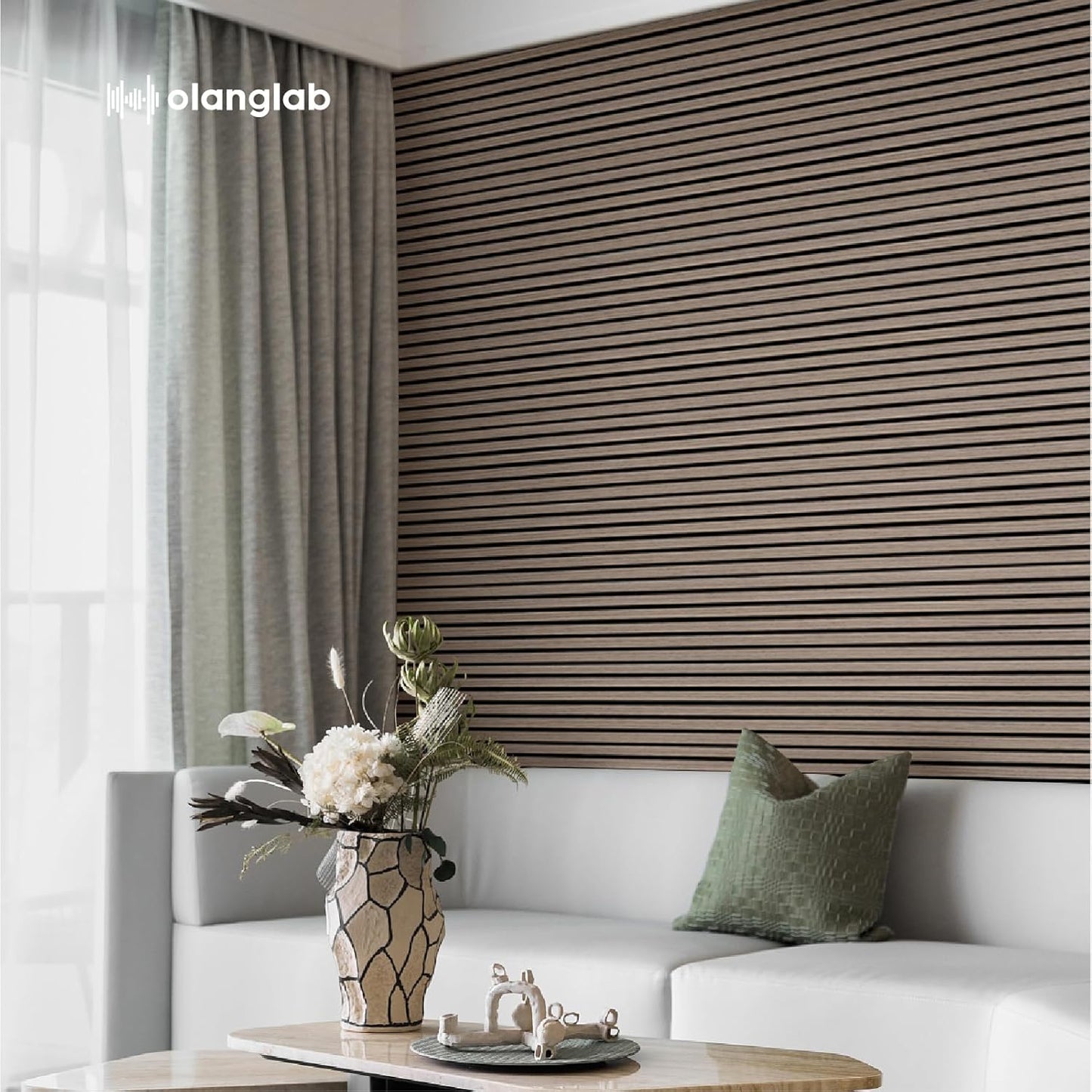 Olanglab Wood Slat Wall Panels, Wooden Acoustic Wall Panels, 94.5"x12.6" Each 3D Wall Panels for Interior Wall Decor, 2 Pack in Total 94.5"x25.2" (Dark Walnut)