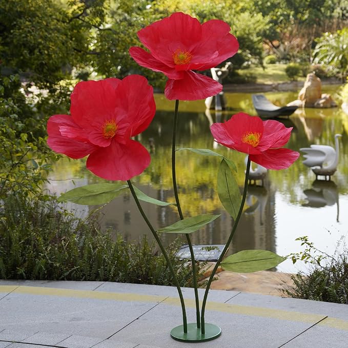 Large Paper Artificial Flowers,Giant Flowers for Decoration,Huge Handcrafted Poppy Fake Flowers with Stand for Home Decor Bridal Shower Party Outdoors Yard Event Backdrop Decor (red)