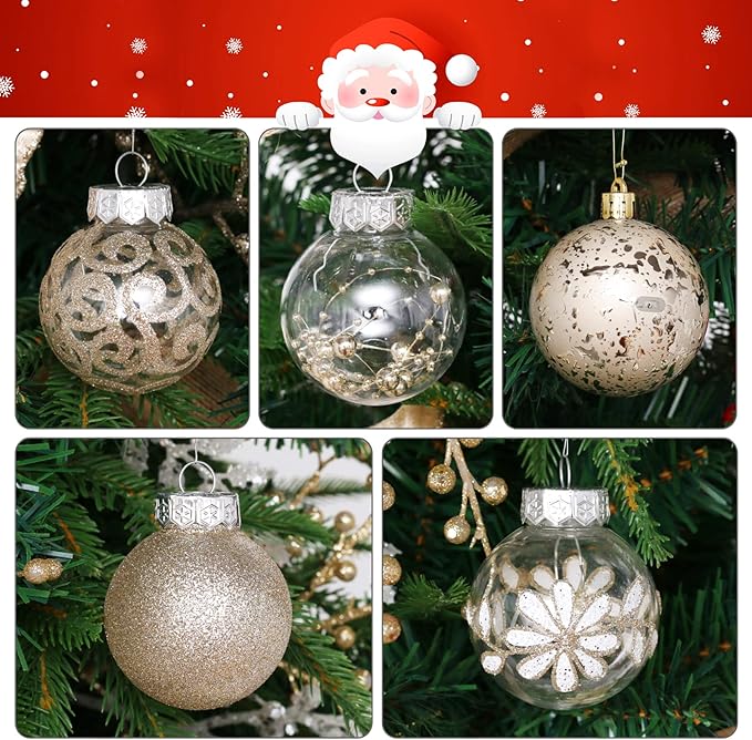 60mm/2.36inch Clear Christmas Ornaments Set, 30ct Champagne Christmas Ornaments Balls for Christmas Tree Decorations Shatterproof Transparent Baubles with Stuffed Decoration for Xmas Wedding Party