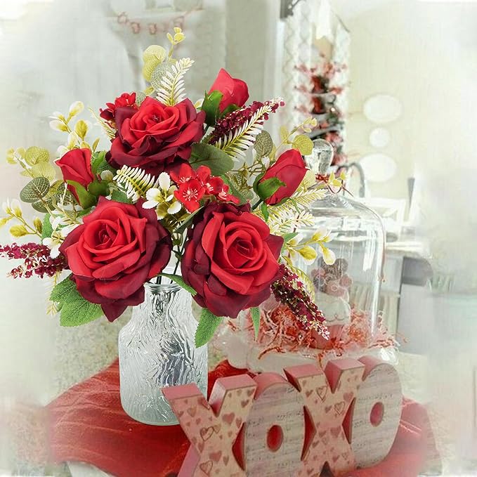 HUAESIN Artificial Flowers with Vase Valentine's Day Decorations Flowers Fake Roses Bouqets with LED Lights Silk Floral Arrangement Home Table Centerpieces Anniversary Wedding Party