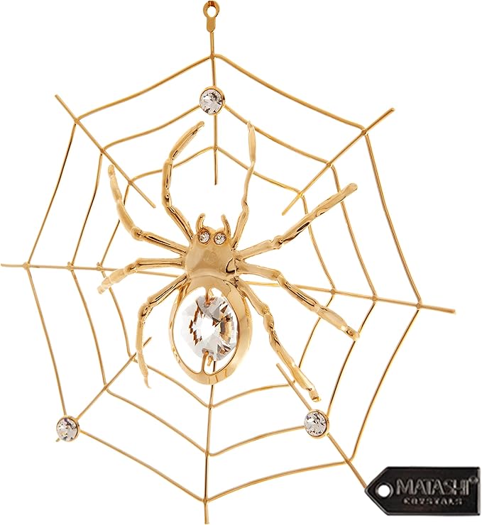 Matashi 24K Gold Plated Crystal Studded Hanging Ornaments for Christmas Tree, Christmas Spider Miracle, Decor - The Tradition of Tinsel Legend Spider on Web Ornament