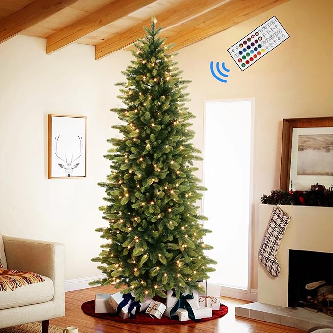 Alupssuc 6.5ft Prelit Artificial Hinged Christmas Tree with Remote Control, 300 Pre-Lit Multi-Color RGB Lights and 1600 PE & PVC Branch Tips, Fake Christmas Tree, 6.5 FT