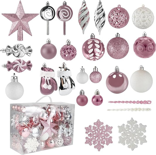 Shatterproof Christmas Ball Ornaments Set, 130 Pack Christmas Tree Decorations, Assorted Hanging Christmas Balls Bulk for Holiday Indoor Outdoor Xmas Party Decor (130 Pink)