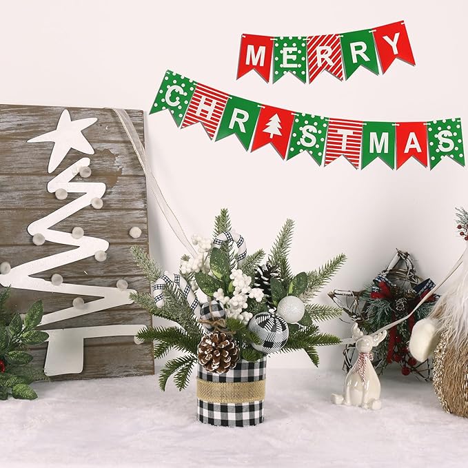 Super Holiday Small Winter Buffalo Check Plaid Christmas Tree, Artificial Mini Tabletop Christmas Tree Decorations with Xmas Ornaments, for Home Party Thankgivings Decor, Black/White-Indoor