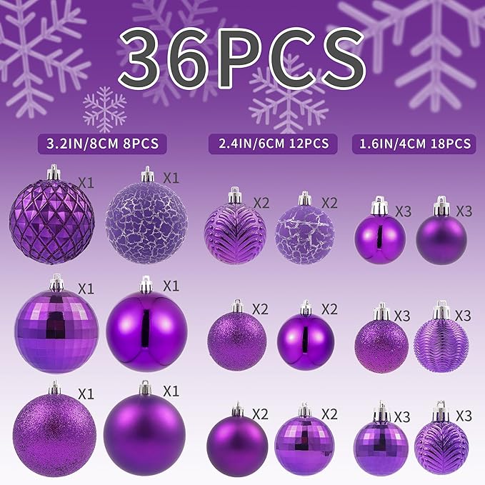 LANGXUN 36pcs Purple Christmas Tree Decorations Balls, Bolas De Navidad, 2025 Christmas Decor, Indoor Outdoor Shatterproof Christmas Ornaments, Xmars Party Wedding Suppiles