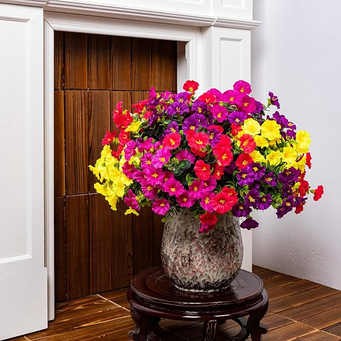 Artificial Faux Flowers for Outdoor 16 Bundles Boxwood Fake Morning Glory for Planter,UV Resistant Fake Flowers for Home Porch Patio Outside（4 Color）