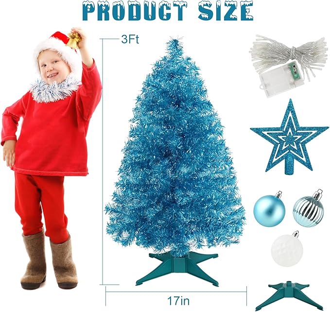 Sunshine Blue Christmas Tree with Light 3ft Artifical Full Christmas Tree with Ball & Star Ornaments 8 Lighting Modes for Holiday Decor