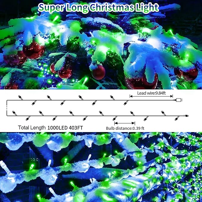 403 FT 1000 LED Christmas Lights Outdoor Fairy Lights Plug In Extra Long String Lights Clear Wire Waterproof 8 Modes Timer for Outside House Tree Garden Yard Wedding Party Decorations-Blue and Green