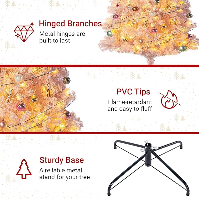 6ft Prelit Pink Artificial Christmas Tree with 150 Warm White LED Lights, Full Snow Flocked Xmas Tree Featuring 1000 Realistic Branch, Easy Hinged Assembly for Home Office Party Decoration