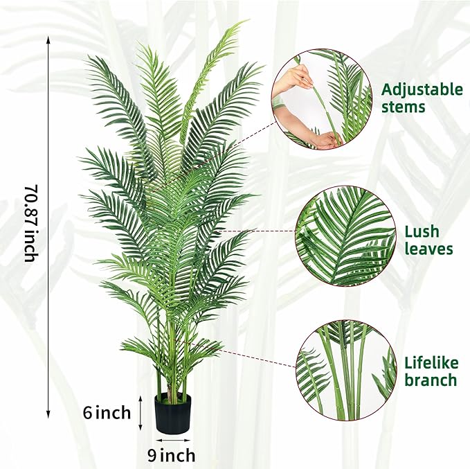 6FT Artificial Palm Tree,Faux Areca Palm Plant with Real Touch Leaves and Adjustable Branches,Fake Tropical Palm Tree for Home Office Indoor Outdoor Modern Decoration