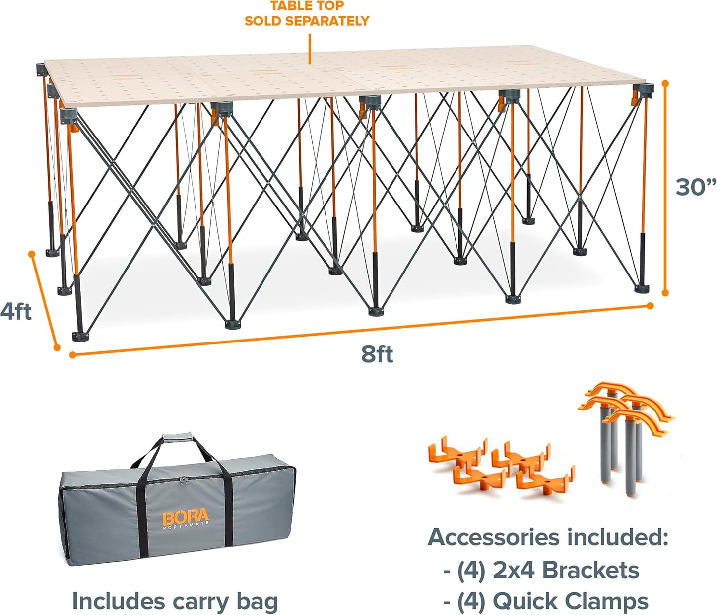 BORA Centipede 30in Folding Work Table Set - No Assembly 15-Strut Collapsible Table 6000lb Weight Limit - 4x8ft Mobile Work Station with Storage Bag, Foldable Work Bench Table - CK15S, Orange
