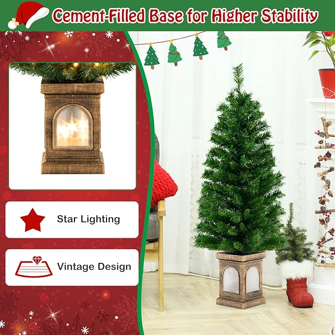 HAPPYGRILL 4 FT Artificial Xmas Tree, Christmas Entrance Tree with 160 Branch Tips & 100 LED Lights, Cement-Filled Base, 3 Lighting Modes, Remote Control